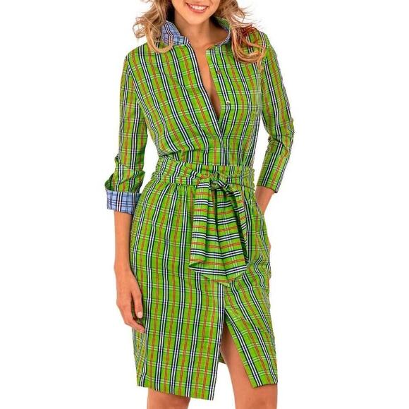 Gretchen Scott Breezy Blouson Sunshine Plaid Green Dress Size Small - Picture 1 of 15